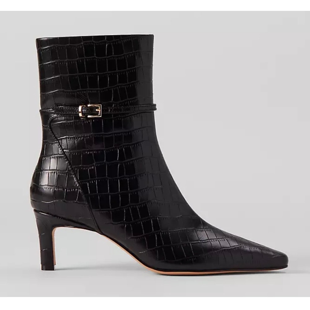 Ann Taylor Black Croc Embossed Leather Kitten Heel Ankle Boots Size 6M